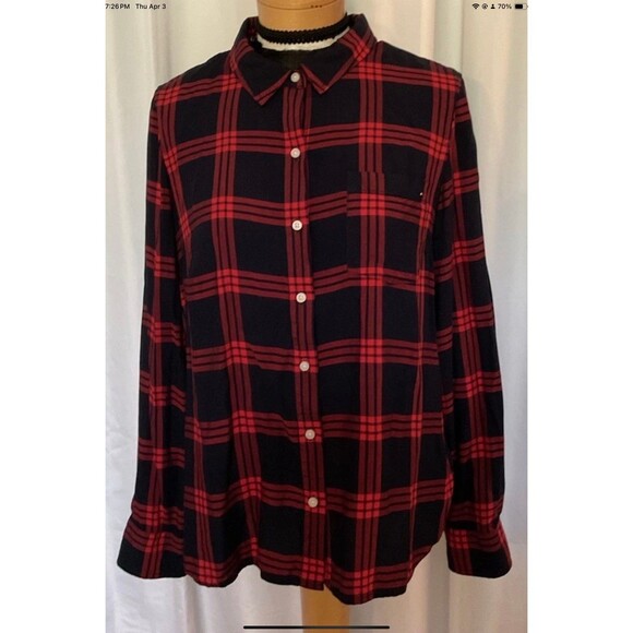 Tommy Hilfiger Womens Button Up Shirt Size Large Red Blue Plaid Roll Tab Sleeve - Picture 1 of 6